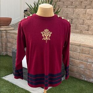 Adolfo Burgundy Sweater With Blue Stripes Featuring Gold Buttons Size Large